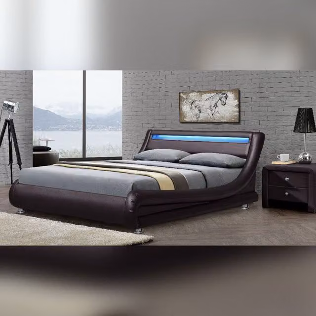 Comfy Living Ltd Italian Style Upholstered Faux Leather Bedframe with LED Under-Bed Lighting in Brown, Size: 140 x 200 cm – 1