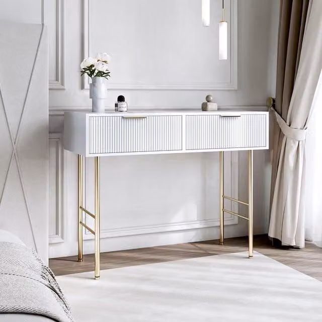 Carme Home Esme White Dressing Table with Ribbed Drawers and Gold Accents