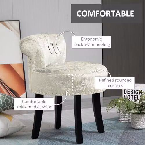 HOMCOM Beige Dressing Table Stool with Rubberwood Legs – 3