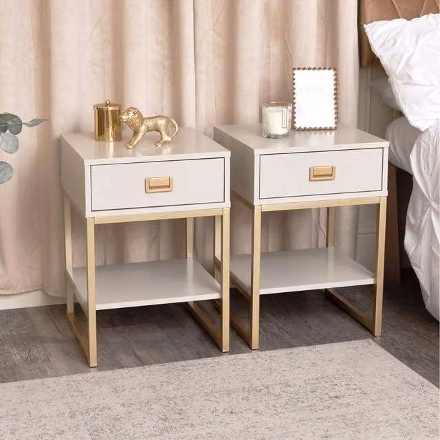 Melody Maison Pack of Two Modern Bedside Tables in Beige and Gold