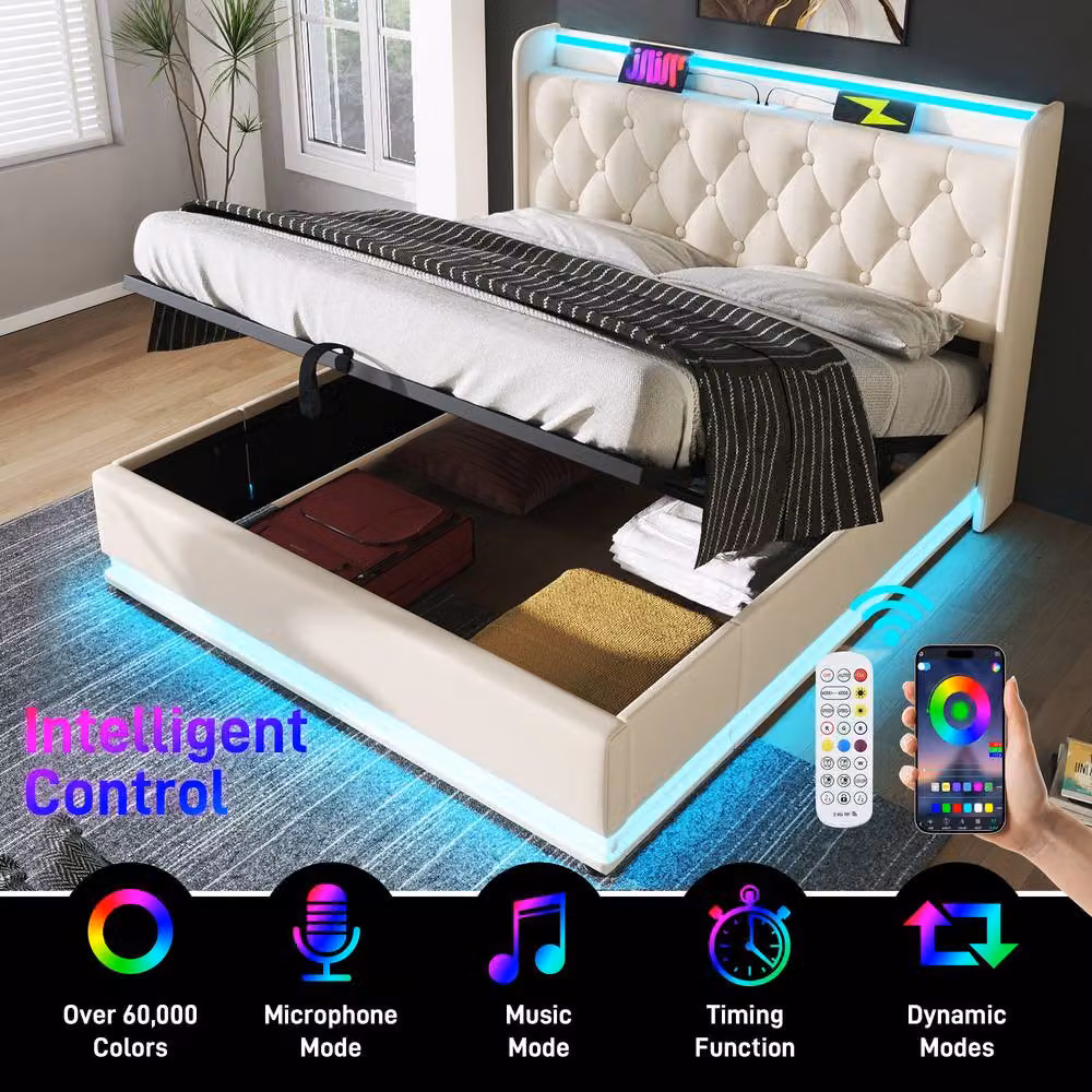 ModernLuxe Upholstered King Size Ottoman Storage Bed in White with Headboard, LED Lighting, USB Charging Ports and Bedside Shelves (W/D/H: 180 x 200 cm) – 3