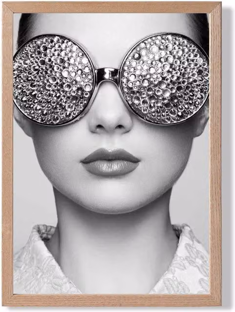 ARTZE Girl with Silver Bling Sunglasses Black and White Framed Photograph in an Oak Wood Frame, A3 – 1