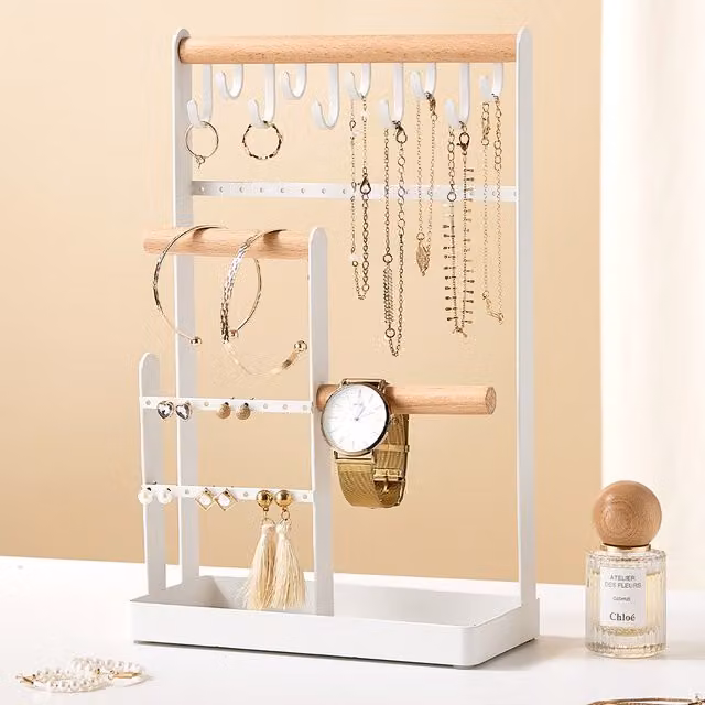 Livingandhome Freestanding White Jewellery Organiser Display Stand with Shelf in Wood and Metal