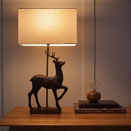 K LIVING Stag Resin Table Lamp in Copper and Black with Linen Shade – 2