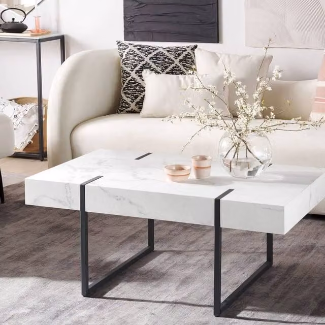 Wyld and Coco Marble-Effect Coffee Table in White and Black with Metal Legs W: 100 cm, D: 60 cm, H: 43 cm – 1