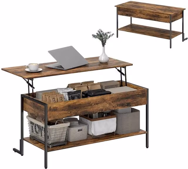 Nordara Industrial Lift Top Coffee Table in Brown with Metal X-Frame Design