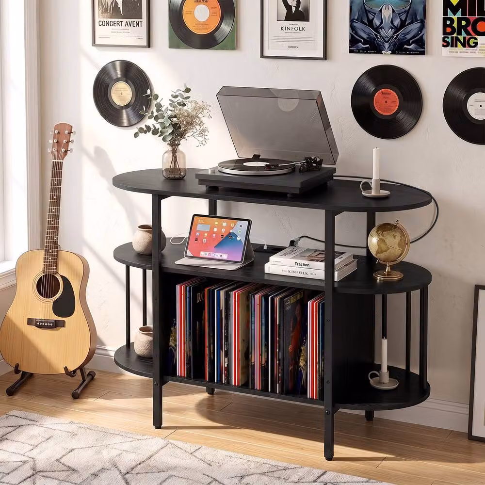 Gymax Large Record Player Stand with LED Lights in Black Metal – 3