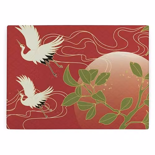 Purely Home Oriental Cranes Rectangular Glass Worktop Protector in Red and Multicolour, W: 39 cm, D: 28.5 cm