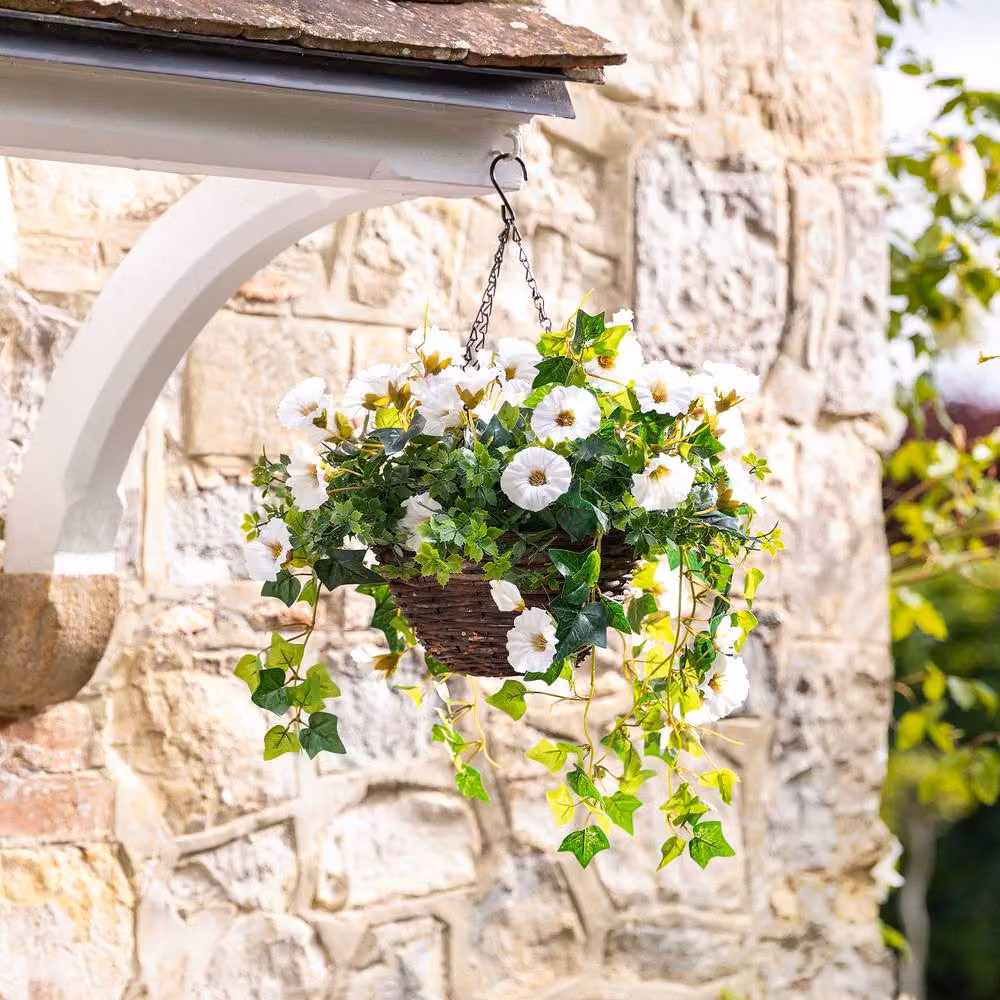 Christow White Artificial Petunia Wicker Hanging Basket with UV Resistant Foliage, Diameter: 30 cm – 5