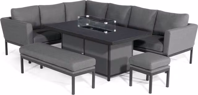 Desser Aruba Outdoor Fabric Corner Sofa Set with Fire Pit Table in Grey