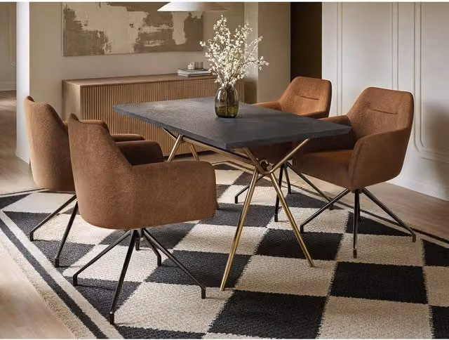 Solace+Co Lexi Rectangular Dining Table and 4 Isla Swivel Dining Chairs Set in Brown, Black and Gold