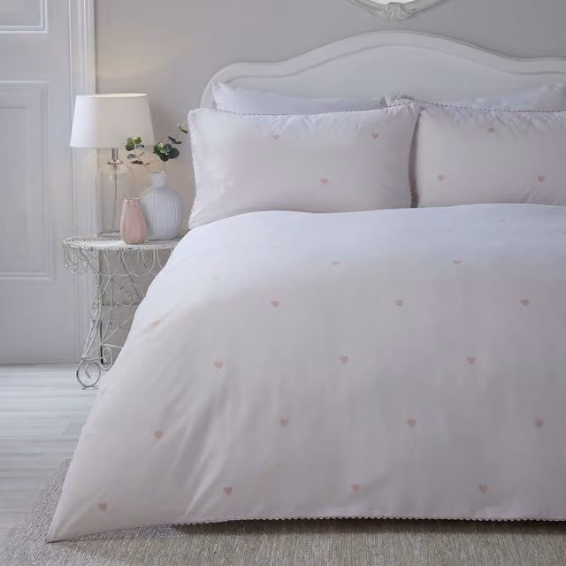 Serene J Rosenthal & Son White and Pink Heart Duvet Cover and Pillowcase Set, W/D/H: 230 x 220 cm
