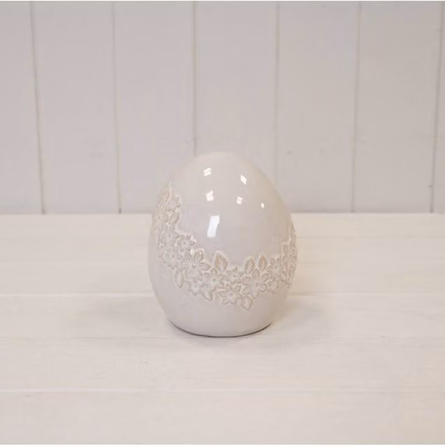 KDMD Large White Ceramic Oval Egg with Floral Garland Decoration