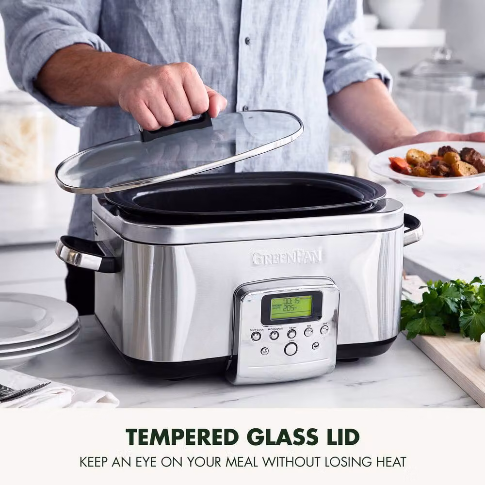 GreenPan Elite 8-in-1 6L Slowcooker with PFAS-Free Ceramic Non-stick Coating in Silver – 6