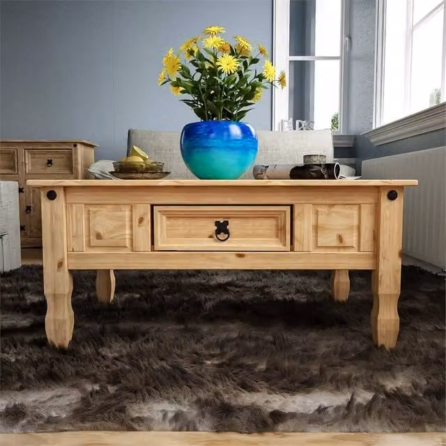 FORGEVIO Modern Brown Wood and Metal Coffee Table with Single Drawer