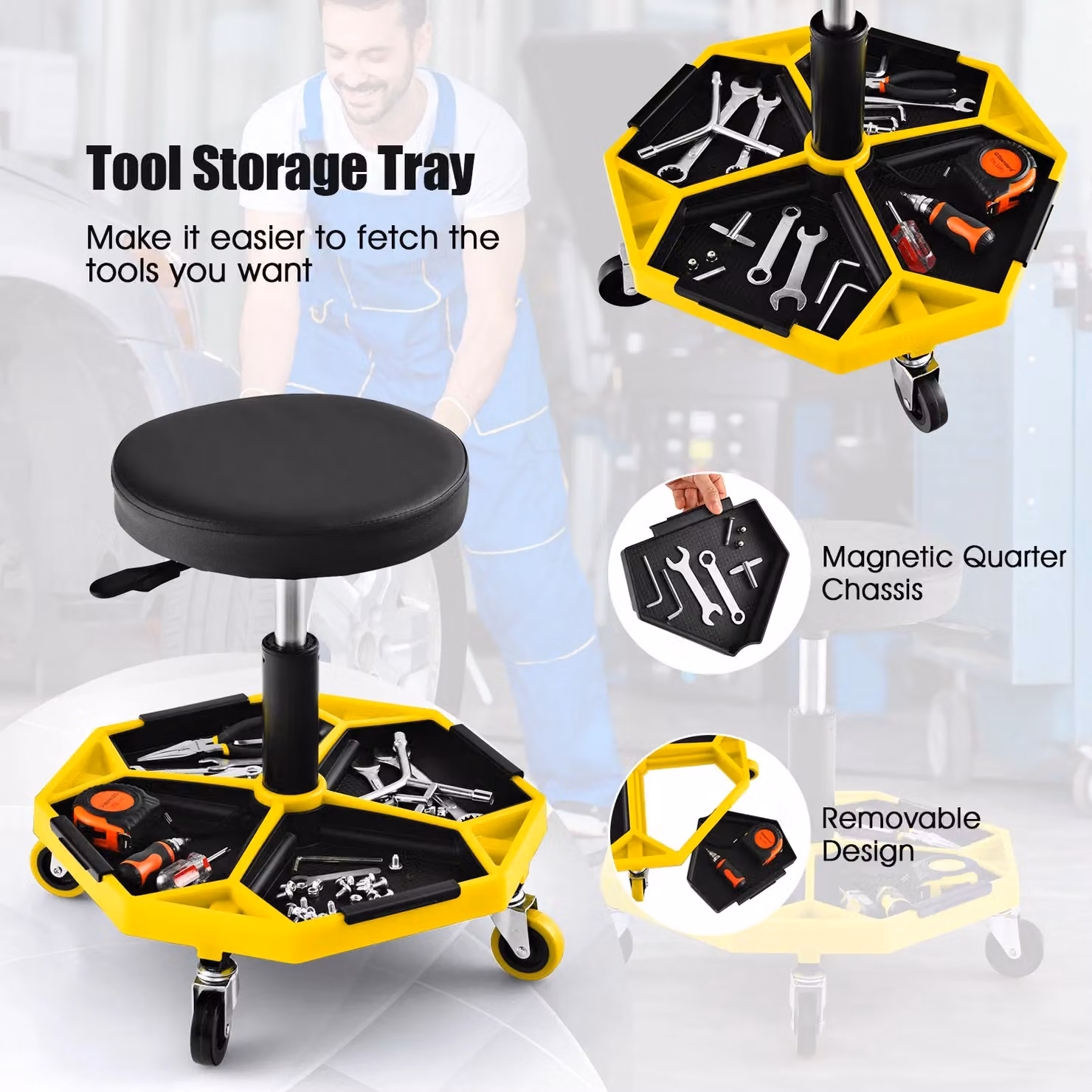 Gymax Yellow Pneumatic Rolling Garage Stool with Padded Seat and Tool Tray, 150 kg Capacity – 2