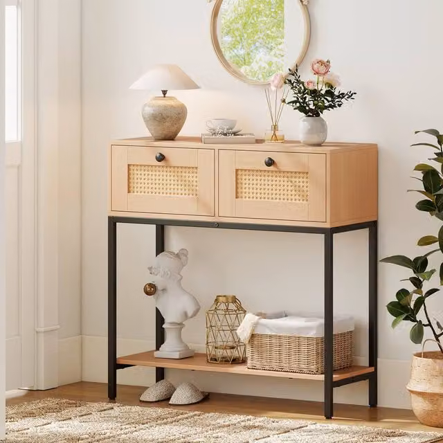 Costway Boho Modern Wooden Console Table with 2 Drawers in Natural Sand Brown – 1