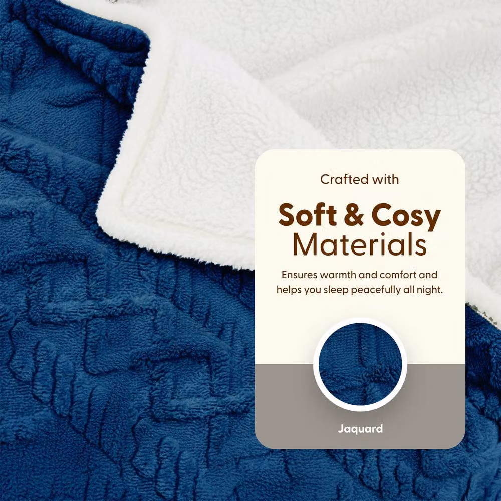 Keplin Large Electric Heated Jacquard Throw Blanket in Navy Blue with 9 Heat Settings and Sherpa Flannel Lining – 6