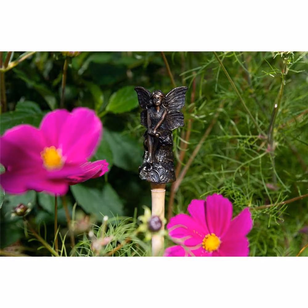 Jardinopia Fairy Sitting On Tree Stump Stake or Cane Topper in Bronze, W: 5 cm, D: 4.5 cm, H: 8.5 cm – 6