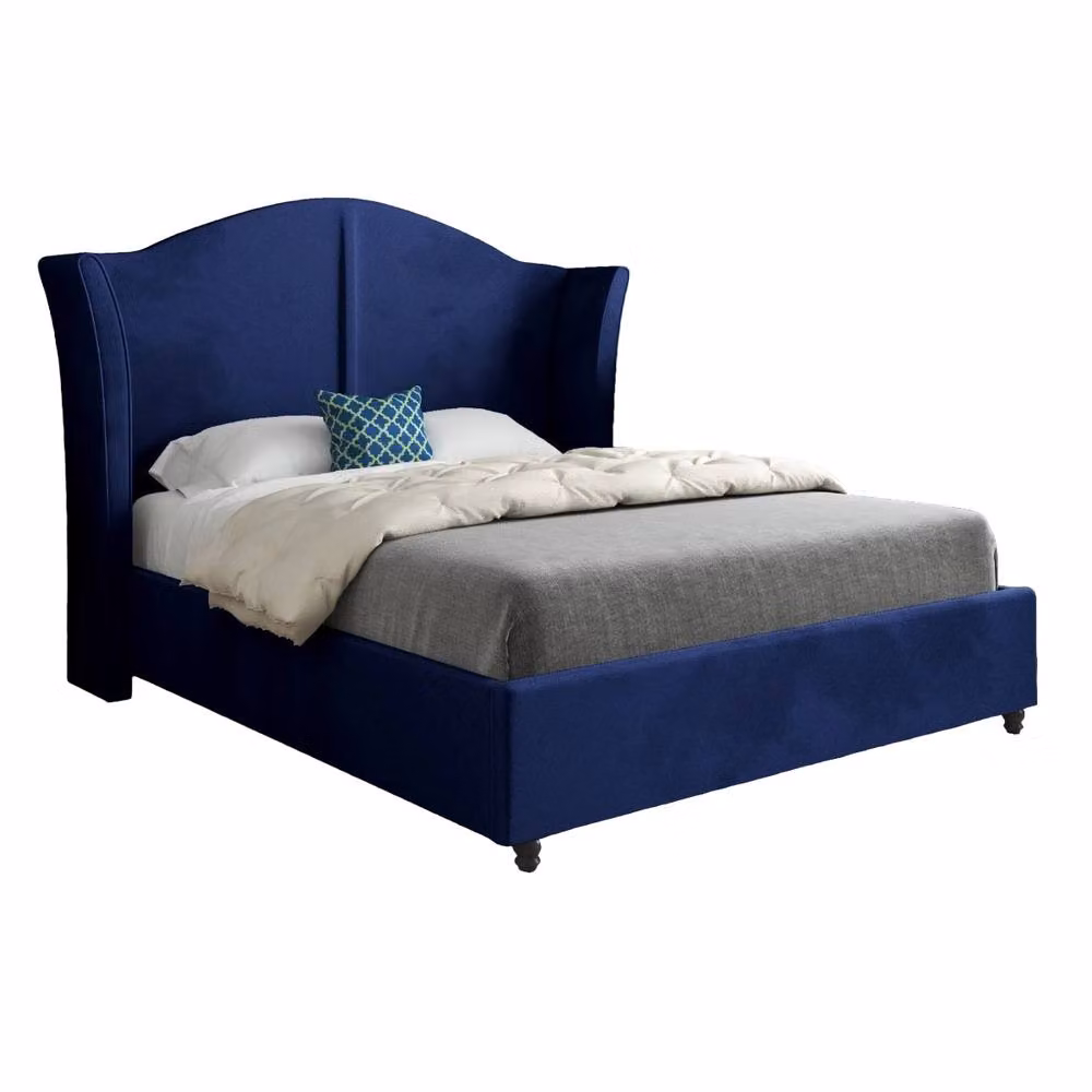 Casani Tirley Curved Winged Upholstered Designer Bed Frame in Blue Soft Velvet, Size: Single (90 x 200 cm) – 2