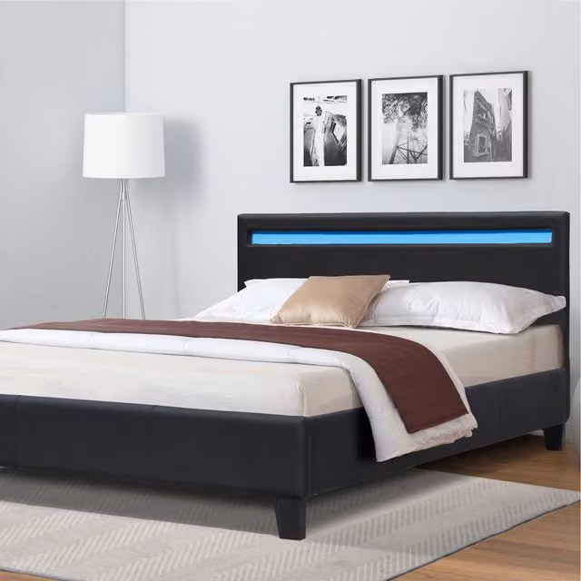 Comfy Living Prado Black Faux Leather Upholstered LED Bedframe, W/D/H: 180 x 200 cm