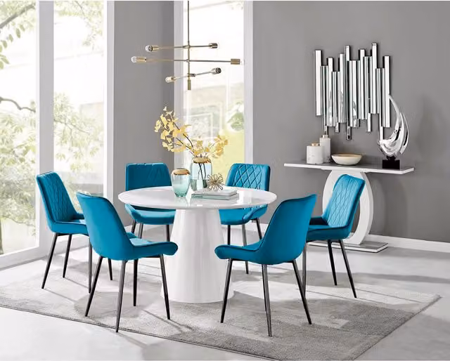 FurnitureboxUK Palma White High Gloss Round Dining Table and 6 Pesaro Black Leg Chairs in Blue