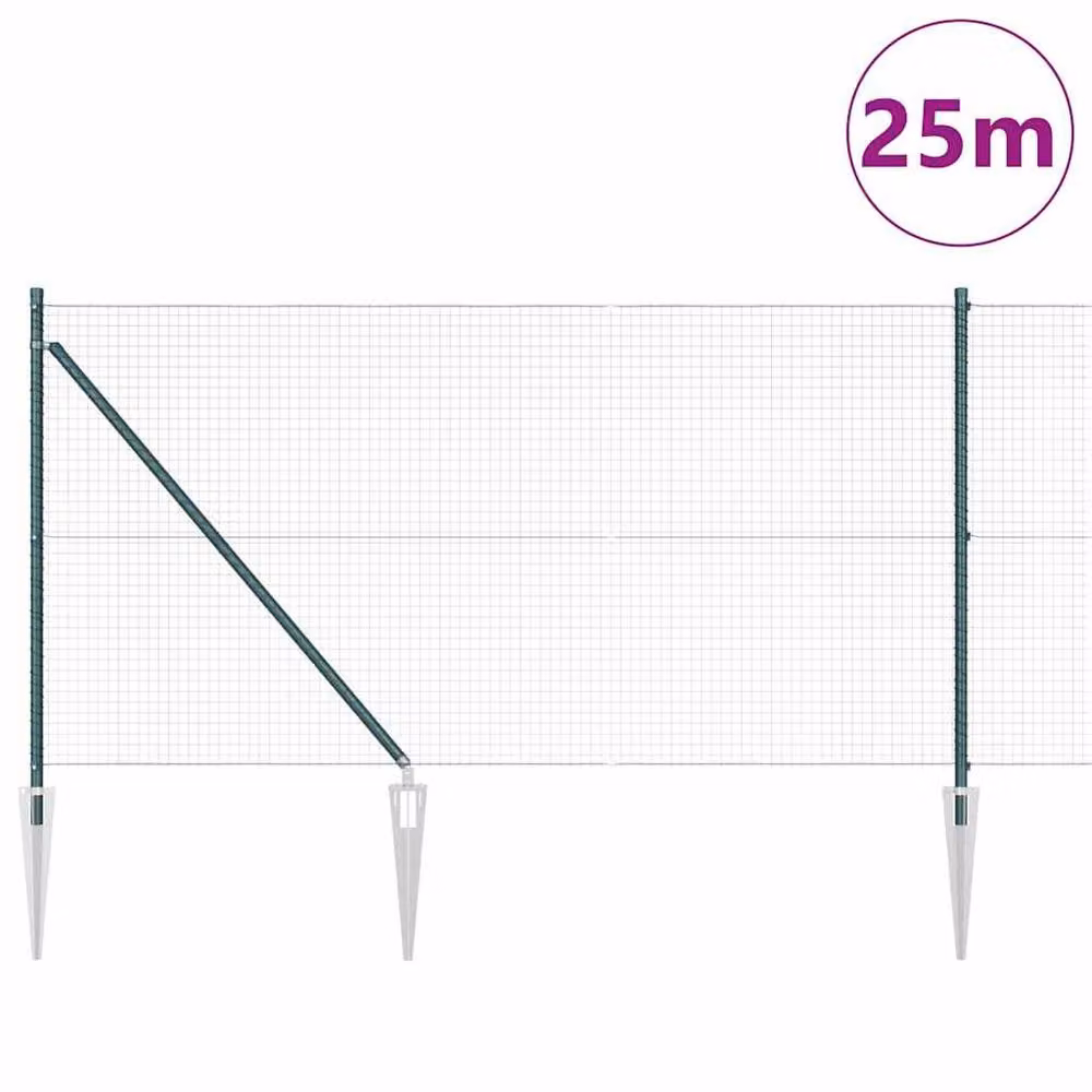 Berkfield Home Green Steel Welded Wire Fence with 13 In-Ground Spike Posts, 1 x 25 m – 3