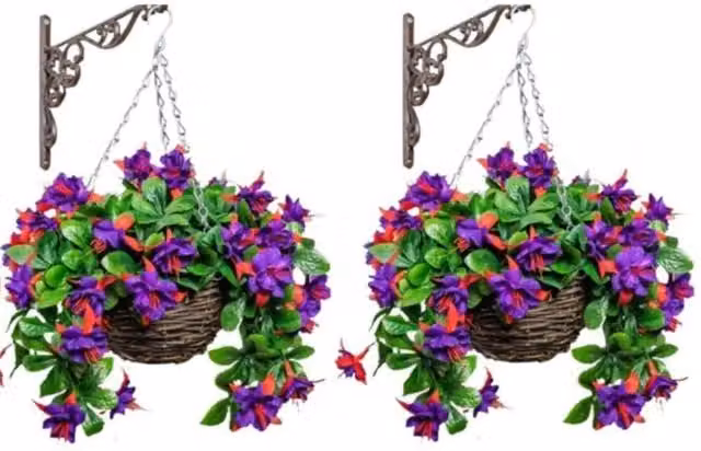 Primrose Round Rattan Hanging Basket with Purple Artificial Pansy and Primrose Flowers