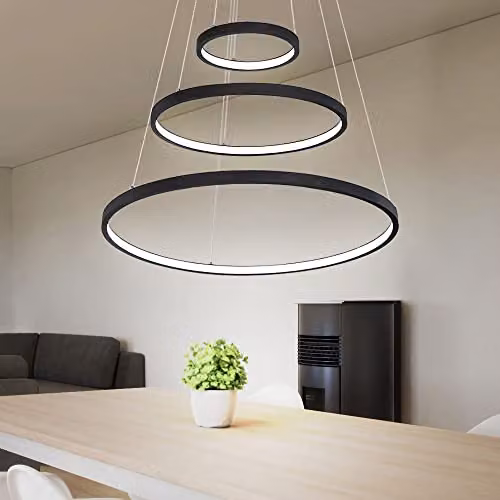 Globo Lighting Ralph Triple Ring LED Pendant Light, Black, Dimmable, Warm White, Height: 120 cm, Width: 57 cm, Depth: 51 cm – 6