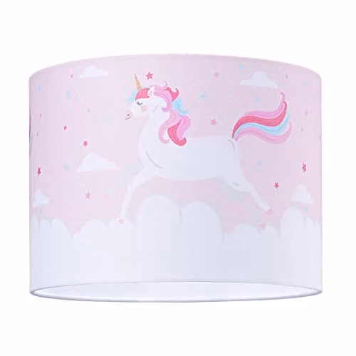 Happy Homewares Pink and White Cotton Fabric Cylinder Lampshade with Unicorn and Cloud Decoration, Diameter: 25 cm