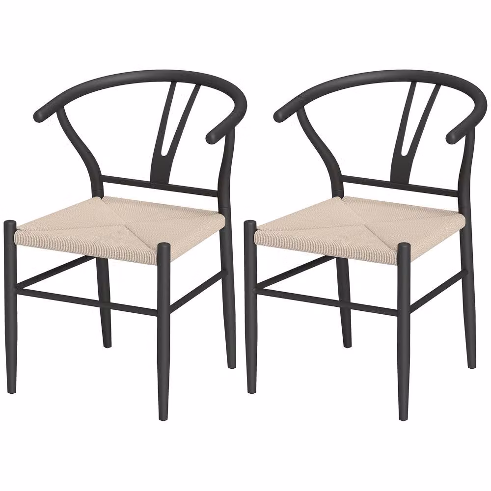 STILVORA Set of 2 Mid-Century Dining Chairs with Black Paper Rope Woven Seats and Armrests – 2