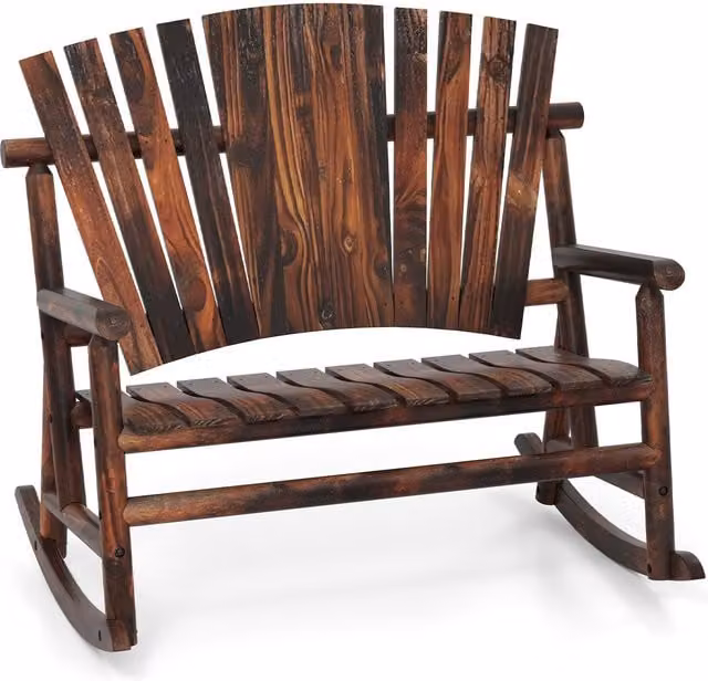 Costway 2-Person Adirondack Rocking Chair Loveseat in Brown Solid Wood for Garden, Balcony or Terrace