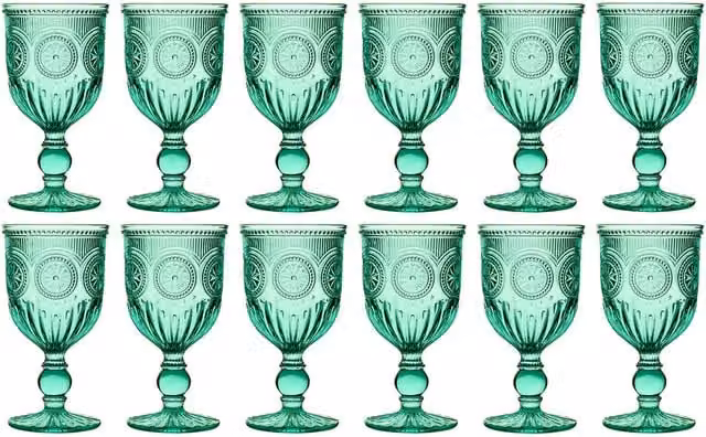 Dibor Set of 12 Turquoise Embossed Glass Wine Goblets, 290ml per glass – 1