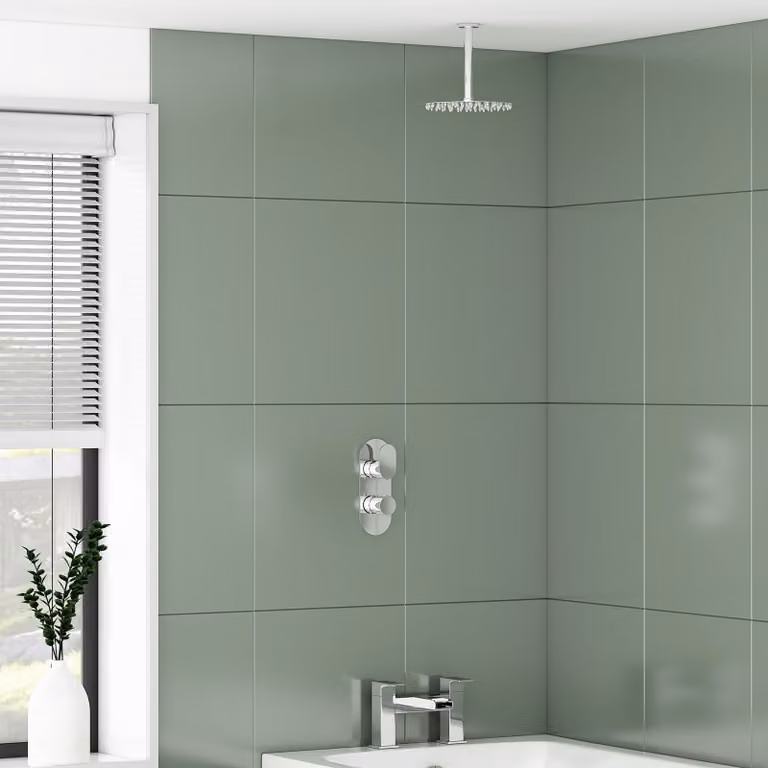 Royal Bathrooms Cube Round Logik Thermostatic Valve Shower Mixer Set with Deluge Slide Rail Kit and Outlet Elbow in Chrome