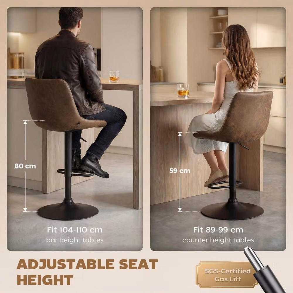 STILVORA Set of 2 Adjustable Height Brown Microfibre Bar Stools with 360 Degree Swivel – 5