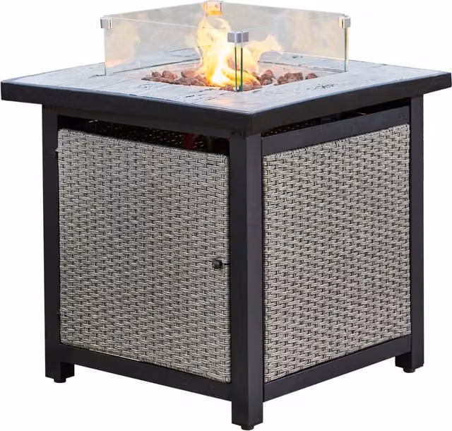 Teamson Home Outdoor Rattan Propane Gas Fire Pit Table with Glass Screen and Lava Rocks in Grey and Brown
