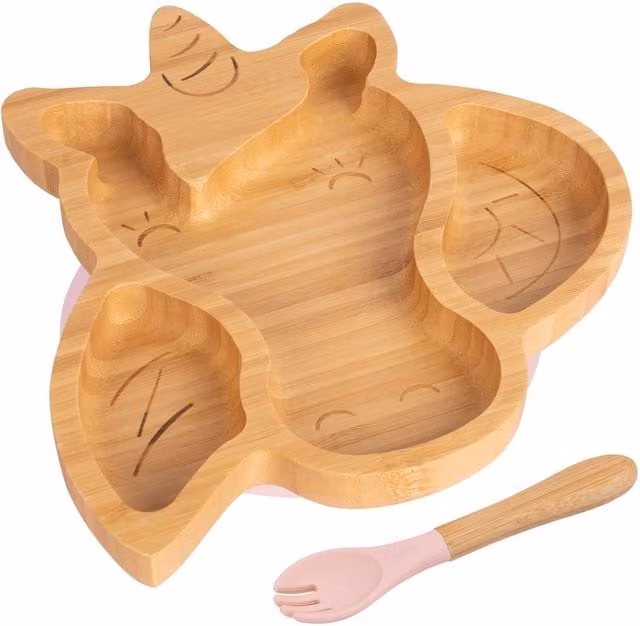 Tiny Dining Bamboo Divided Toddler Weaning Plate and Fork Set in Baby Pink with Unicorn Design – 1