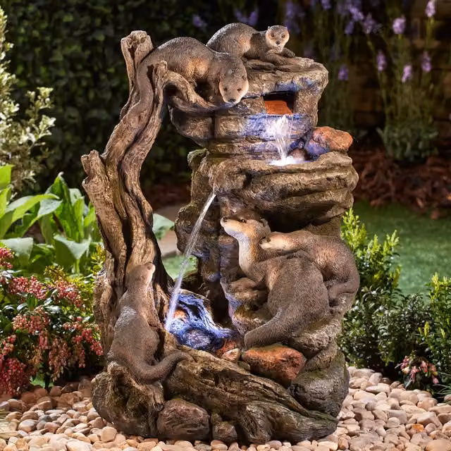 Serenity Otter Family Cascade Water Feature with LED Lighting in Brown