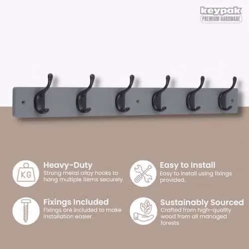 Keypak 6 Matte Black Metal Coat Hooks on a Grey Wooden Board, Width: 68 cm – 2