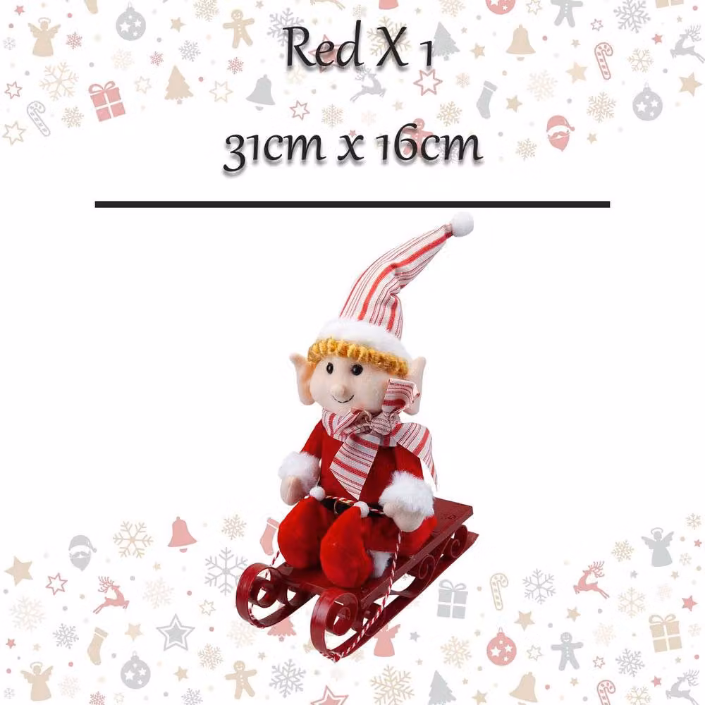 VFM e-Store Christmas Elf on Sledge Tabletop Decoration in Red and White, H 31 cm x W 16 cm – 2