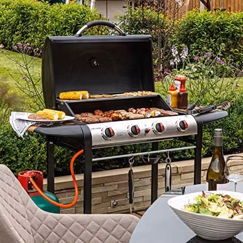 George Foreman 4 Burner Gas BBQ with Automatic Ignition, Integrated Thermometer and Wood Effect Shelves, Black – 5