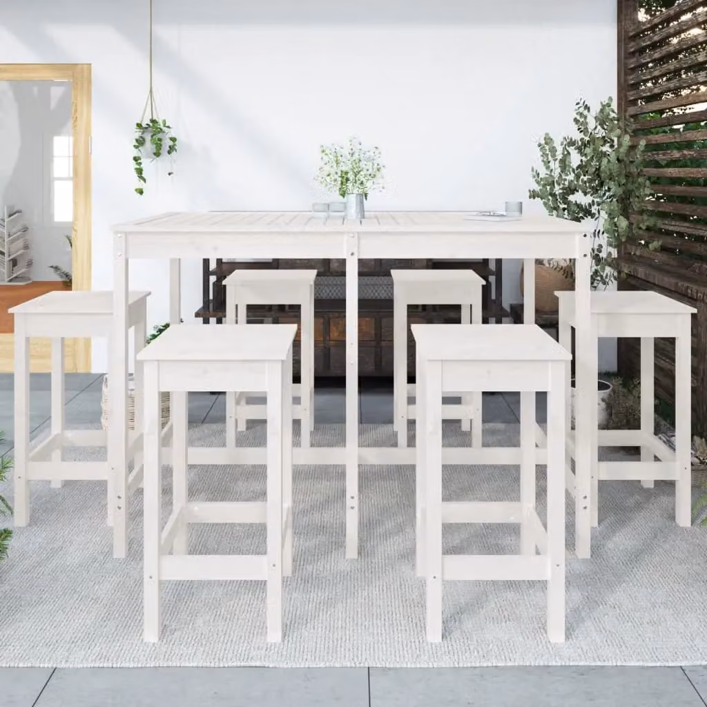 Berkfield Home 7 Piece Rustic White Solid Wood Pine Garden Bar Set – 3