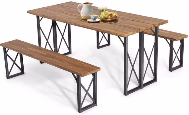 Costway 6-Seater Acacia Wood Picnic Table and Bench Set in Brown