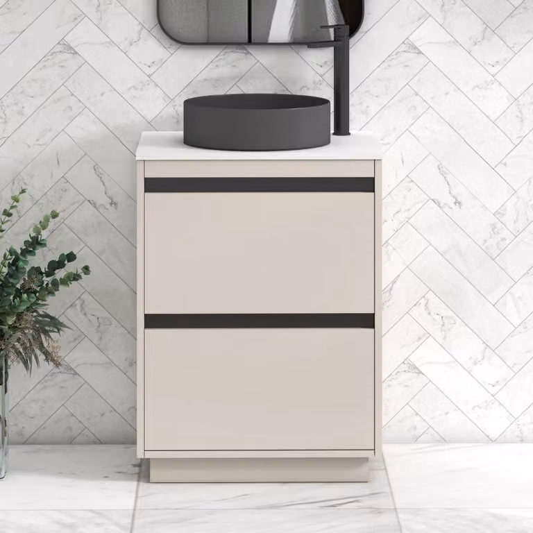 Royal Bathrooms Orion 600mm Warm Taupe Floor Standing 2 Drawer Vanity Unit with White Art Round Basin and Black Accent Trim
