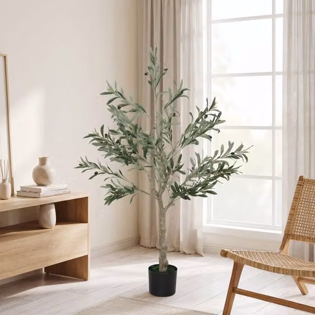 STILVORA Set of 2 Green Artificial Tabletop Olive Trees in Metal and Concrete Pots