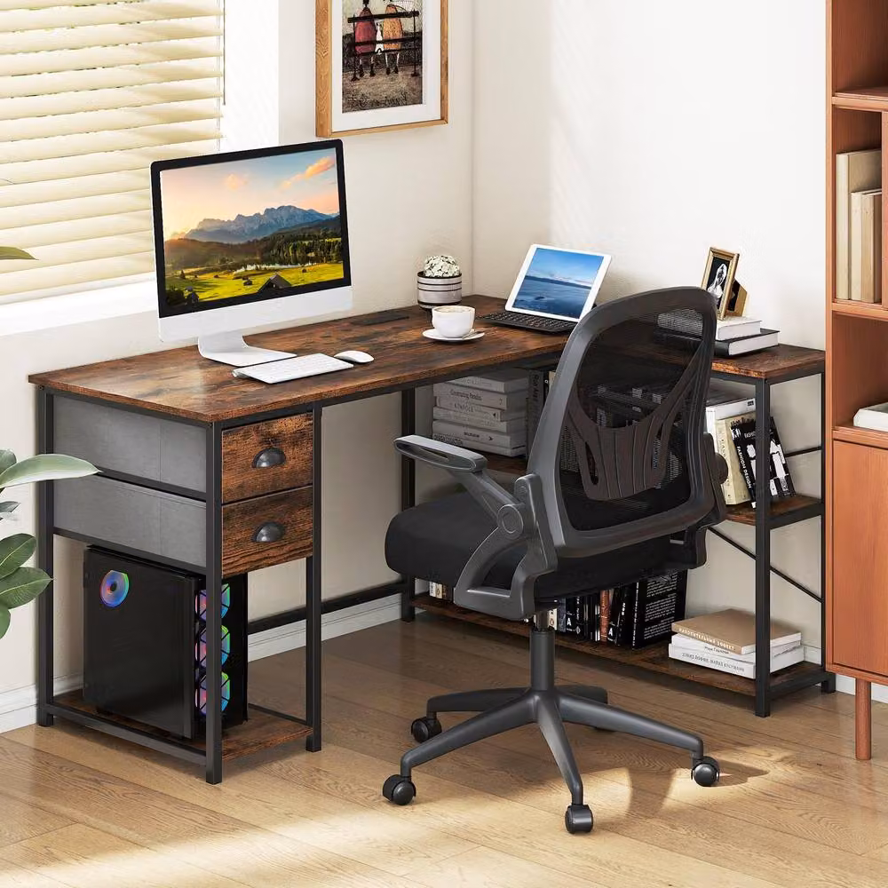 Gymax L Shaped Corner Desk with Charging Station and Cable Management, Brown – 3