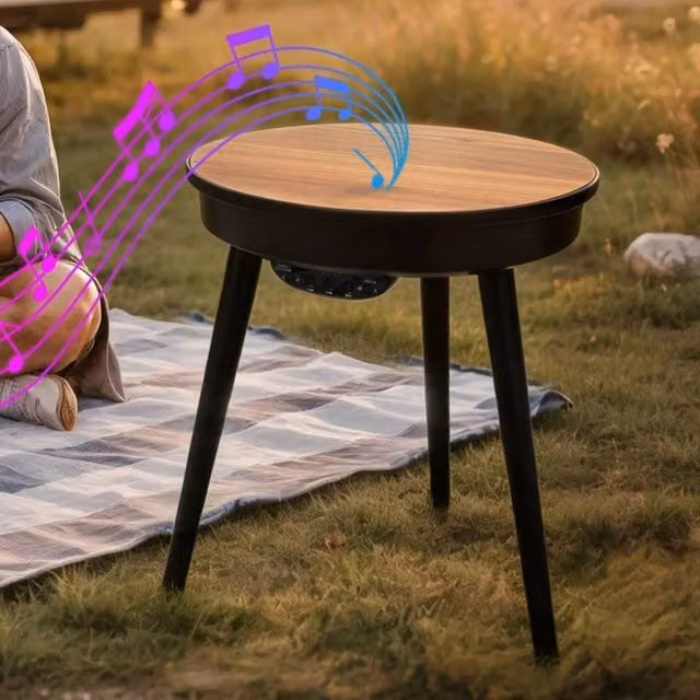 FLAVORA Walnut Portable Smart Side Table with Bluetooth Speaker in Brown, W/D/H: 100 x 80 x 80 cm