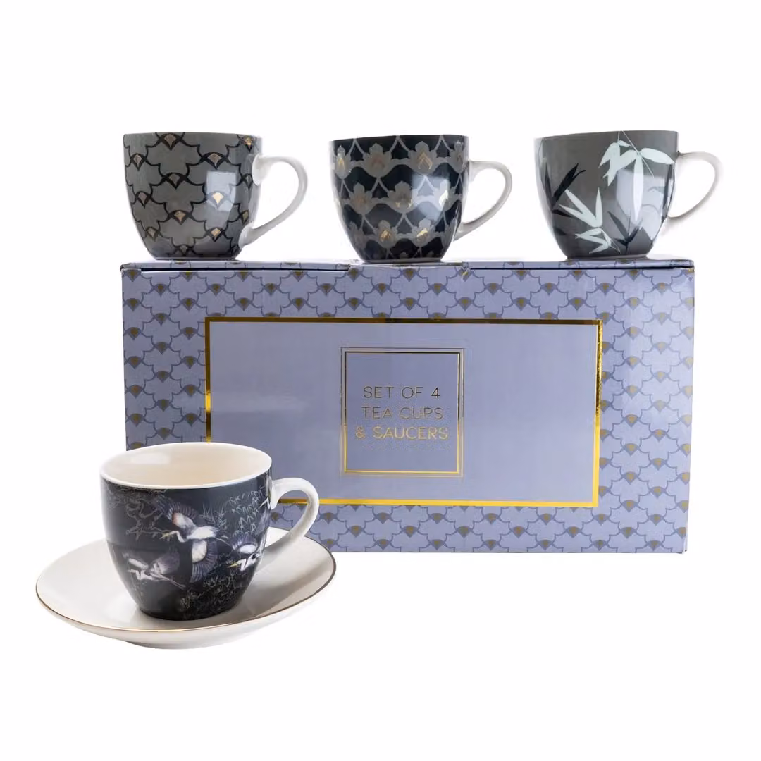 Madison & Mayfair Set of Four Purple and White Patterned Teacups with White Saucers in Grey – 2