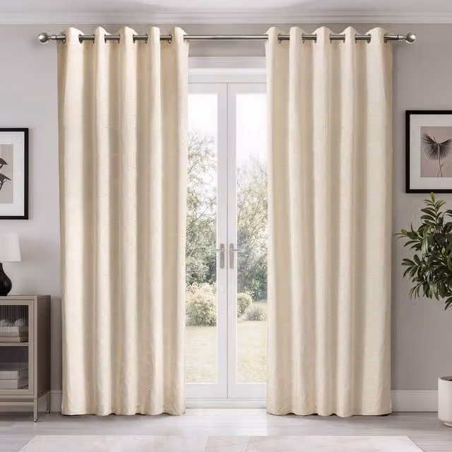 New Edge Blinds Siena Geometric Unlined Jacquard Eyelet Curtains in Beige, Width: 228 cm, Drop: 228 cm – 1