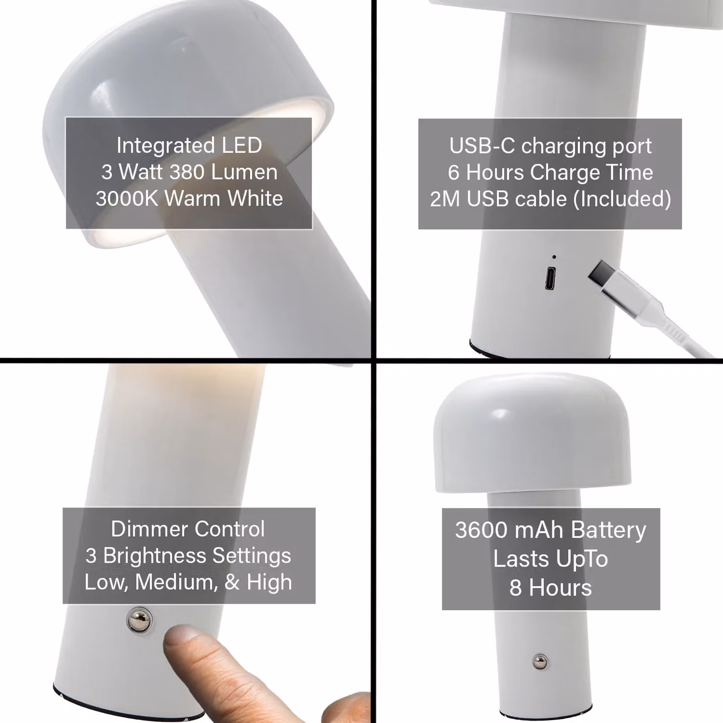 Happy Homewares Modern Gloss Mushroom Style Rechargeable LED Touch Dimmable Table Lamp in White – 2